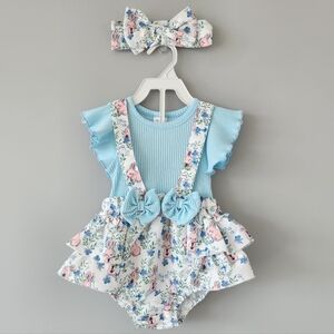 Floral Bunny Ruffled Skirt Romper with Headband- Toddler Girls Size 12-18 Months